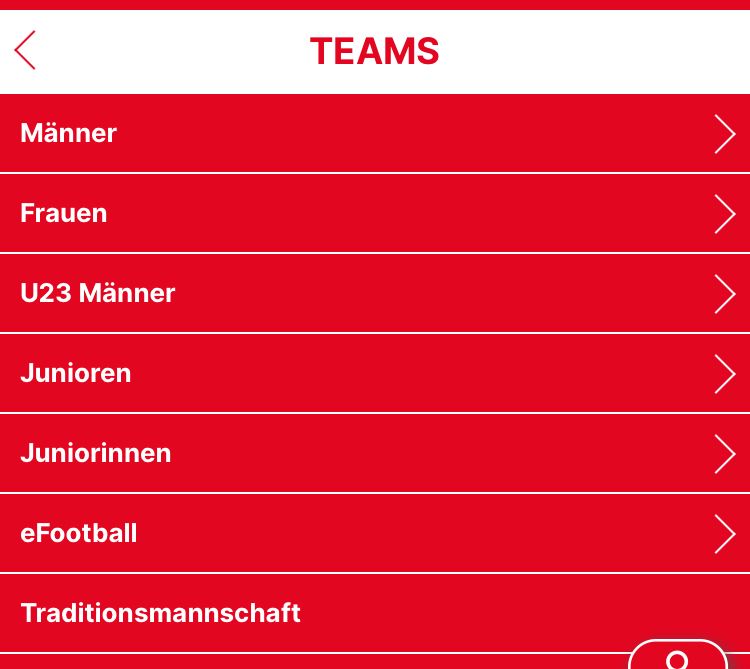Screenshot der Homepage des SCF, auf der die Fußballteams gelistet werden. Die Liste lautet:
Männer 
Frauen
U23 Männer
Junioren
Juniorinnen
eFootball
Traditionsmannschaft
Die Homopage ist in den Vereinsfarben weiß-rot gehalten. 