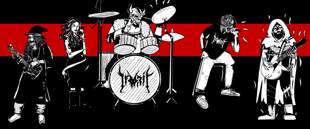 Cartoon of wizard bassist, Medusa singer, gigantic warrior drummer, Two-Face singer and ranger guitarist.