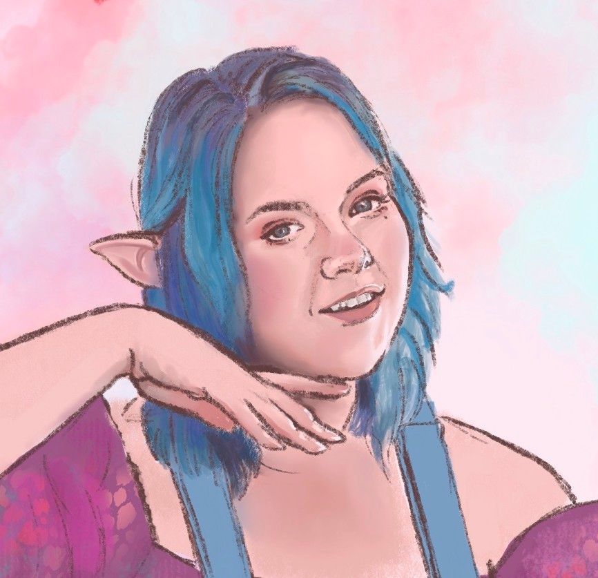 A closeup of the previous image, focused just on the face of the artist's self-portrait, so you can see her features and expression more clearly