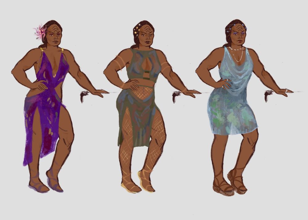 A digital painting of a tall, muscular Klingon woman repeated three times. Each version is wearing a different outfit. The left version is wearing a purple sleeveless dress with a deep V neckline, side cutouts, and leg slits so she has quite a bit of skin showing. The dress also has some gold accents, and she has a pink, tropical-looking flower in her hair. The middle version is wearing a two piece set in muted grey, olive, and blue tones. The top is sleeveless and cropped, with a high neckline and a cutout in the middle so some cleavage is showing, as well as her midriff. The skirt has slits up both sides so her thighs are showing. She is also wearing gold fishnets, gold bangles on her biceps, and some gold jewels in her hair. The far right version is wearing a sleeveless silvery blue mini dress with a draping neckline. She is also wearing two silver necklaces of varying lengths, a few silver rings, and some blue hair jewels. All three versions are wearing strappy sandals 