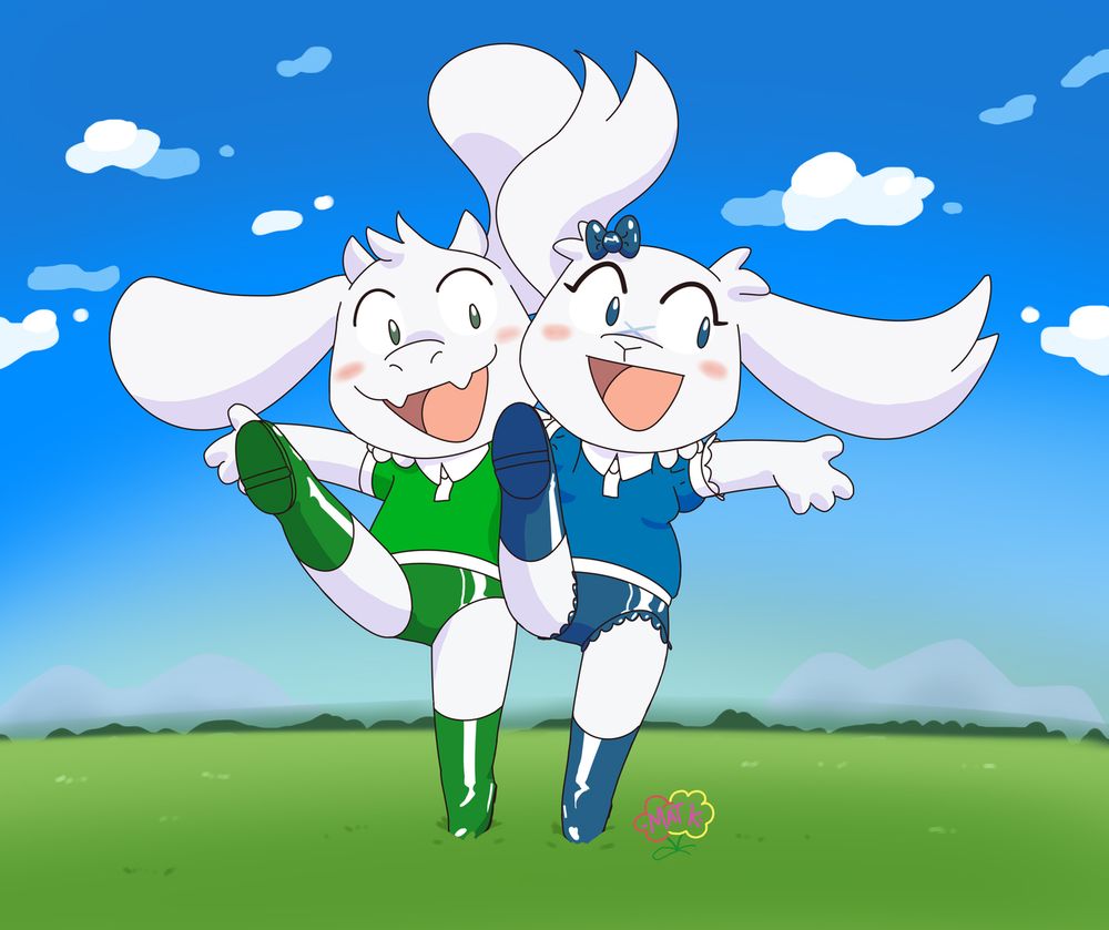 Asriel Dreemurr from Undertale and Sue Sakamoto from Cave Story, arms around each other's shoulders and doing a cancan dance in a green meadow.
Asriel is wearing a green polo shirt with white trim, and in a darker green shiny briefs and rainboots.
Sue is wearing a dark blue puff sleeve polo shirt with white trim and petalled sleeves, and in a darker blue shiny briefs with petalled legs, rainboots and a bow on her head.