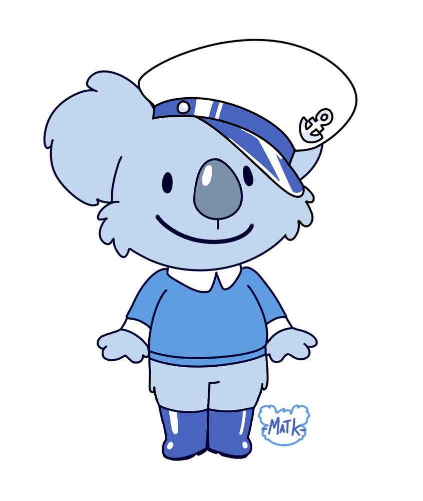 Drawing of a young koala boy wearing a sweatshirt with overlapping shirt collar and cuffs, rainboots, and an oversized sea captain's hat