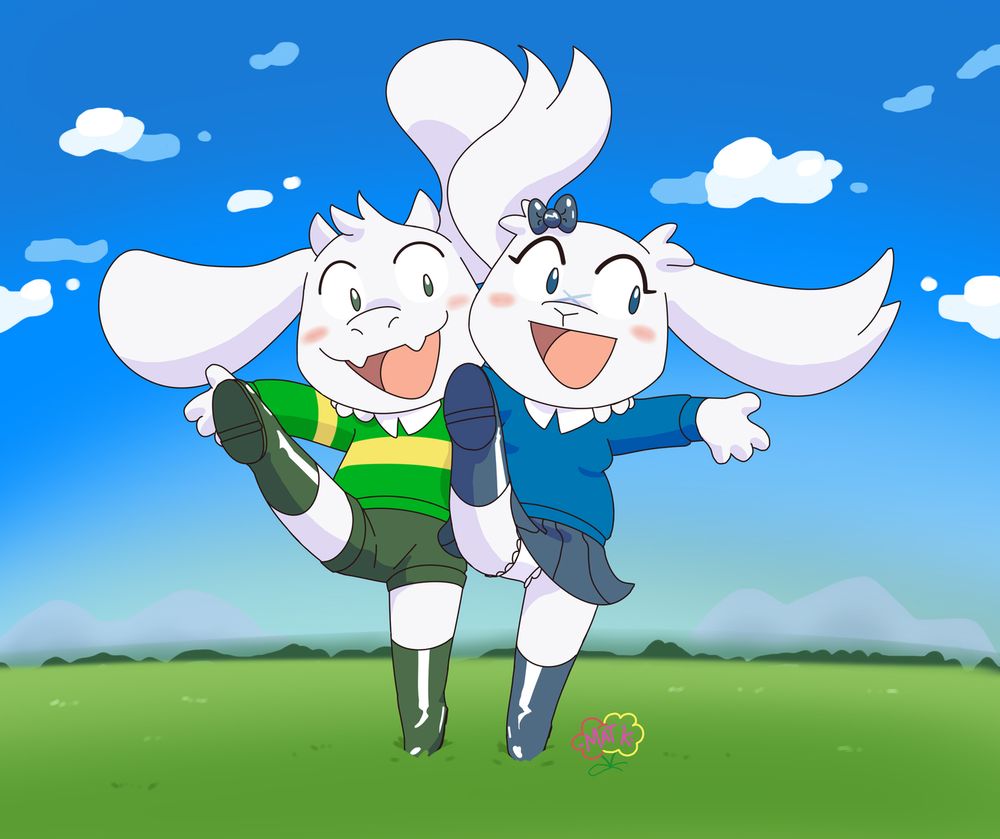 Asriel Dreemurr from Undertale and Sue Sakamoto from Cave Story, arms around each other's shoulders and doing a cancan dance in a green meadow.
Asriel is wearing a green sweatshirt with a yellow horizontal stripe, a white shirt collar overlapping the neck, dark green shorts and dark green rainboots.
Sue is wearing a dark blue sweatshirt with a white shirt collar overlapping the neck, and in dark blue-grey a pleated skirt, rainboots and a bow in her head.