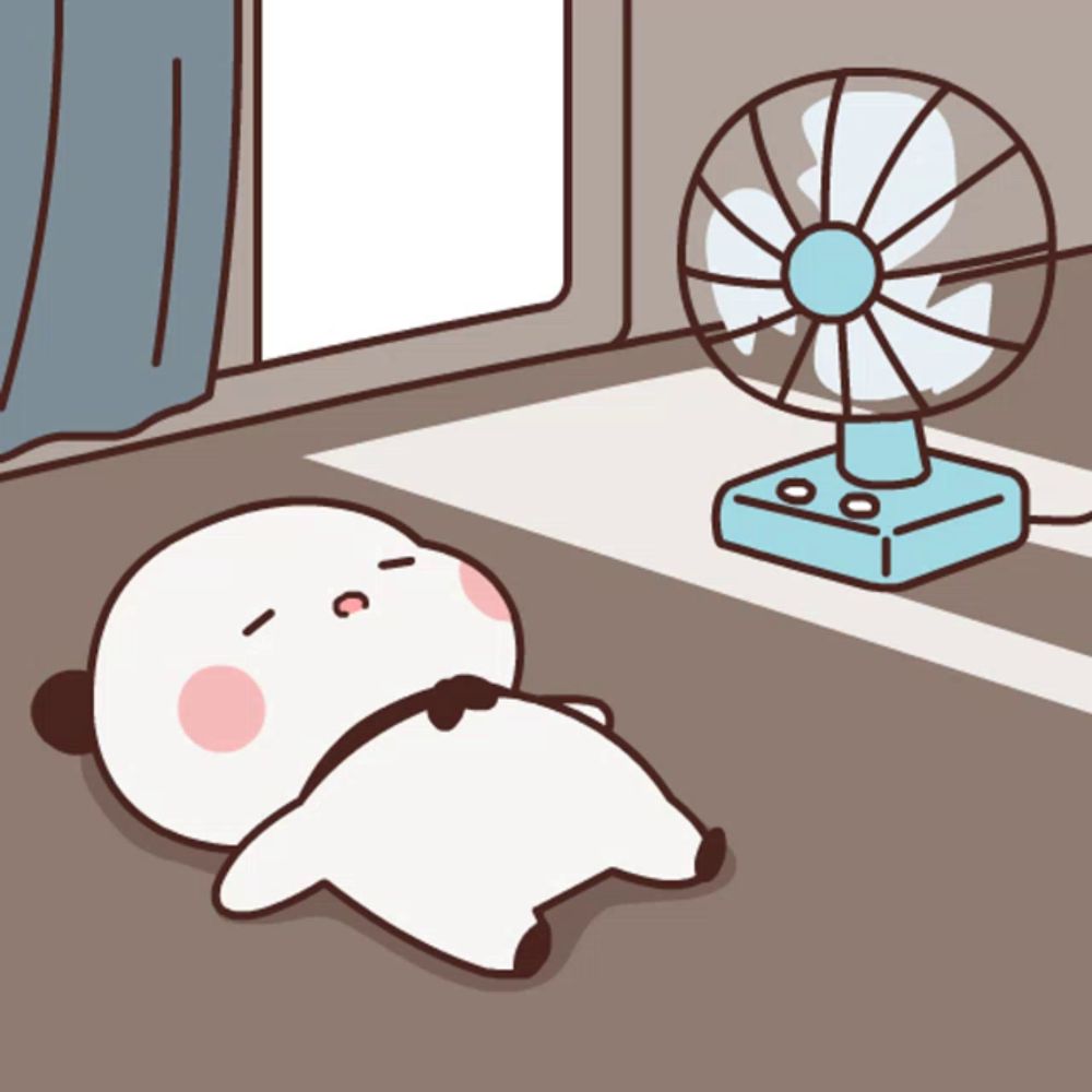 a cartoon drawing of a panda laying on the floor next to a fan