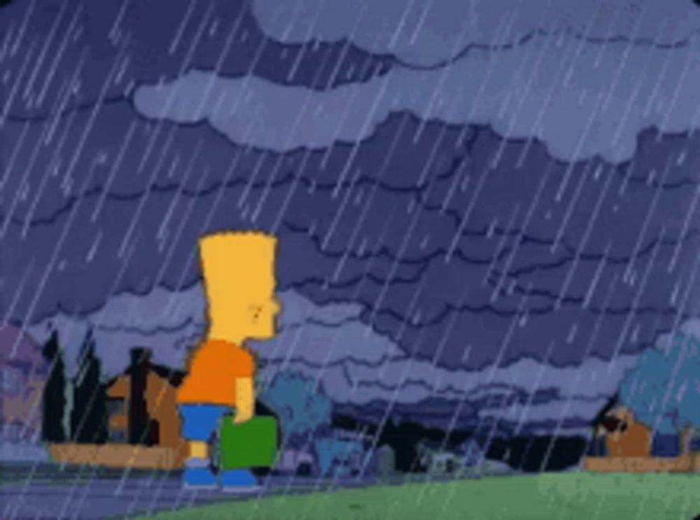 bart simpson is standing in the rain holding a bucket