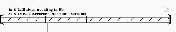 Screenshot of some sheet music, with text "1x & 2x Hulusi- noodling in Bb, 3x & 4x Bass Recorder- Harmonic Screams"