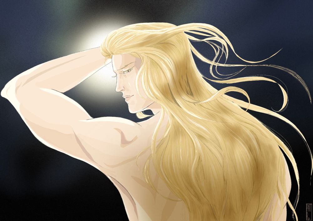 Fanart of Alucard looking backwards with an intense light illuminating him 