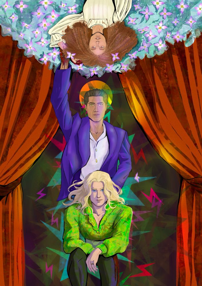 Drawing of Louis, Lestat and Claudia, Lestat is kneeling below a standing Louis that holds the arm of an upside down Claudia. She is laying on flowers but all of them are standing on a stage. Louis’s hand is touching Lestat’s back. 