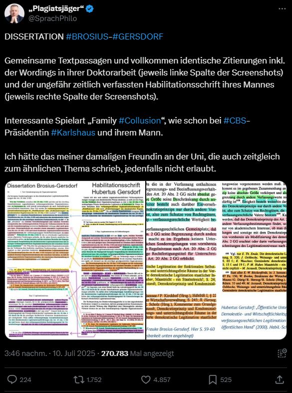 Tweet von Stefan Weber: "DISSERTATION #BROSIUS-#GERSDORF

Gemeinsame Textpassagen und vollkommen identische Zitierungen inkl. der Wordings in ihrer Doktorarbeit (jeweils linke Spalte der Screenshots) und der ungefähr zeitlich verfassten Habilitationsschrift ihres Mannes (jeweils rechte Spalte der Screenshots).

Interessante Spielart „Family #Collusion“, wie schon bei #CBS-Präsidentin #Karlshaus und ihrem Mann.

Ich hätte das meiner damaligen Freundin an der Uni, die auch zeitgleich zum ähnlichen Thema schrieb, jedenfalls nicht erlaubt."