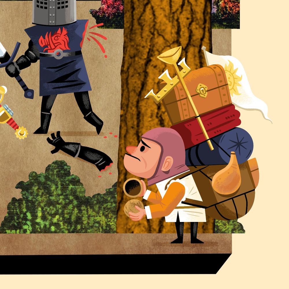 Illustration of the Black Knight scene from Monty Python and the Holy Grail. The Black Knight has lost one limb so far and Patsy looks on from behind a tree. The illustration is a mixture of collage and drawn elements.