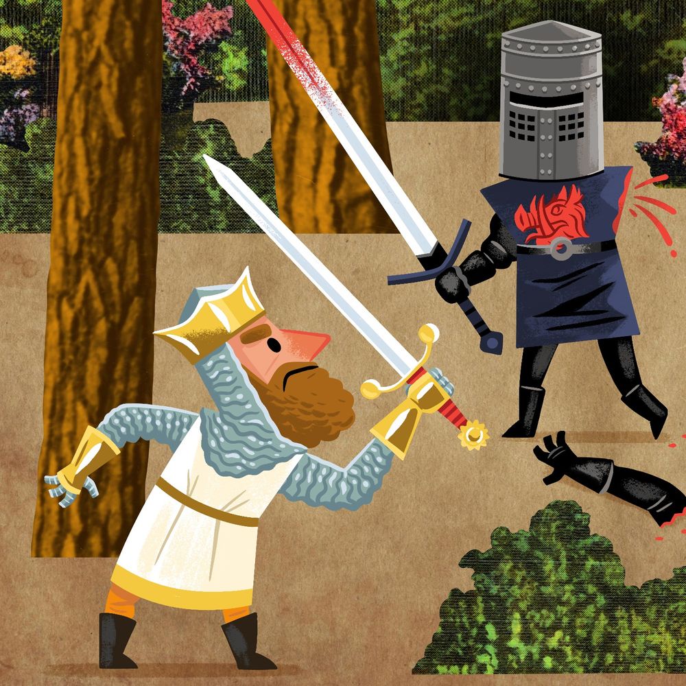 Illustration of the Black Knight scene from Monty Python and the Holy Grail. The Black Knight has lost one limb so far. The illustration is a mixture of collage and drawn elements.