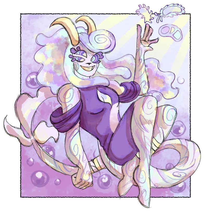 A character with purple, blue and yellow body with swirling patterns and liquid like hair. She's supposed to represent primordial soup, so the are single celled organism coming out of one of her hands