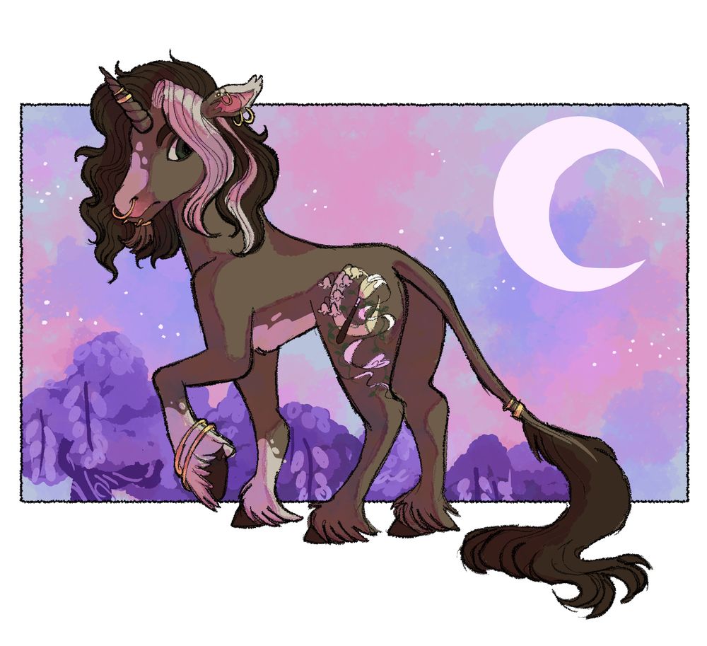 A brown unicorn with black and white hair and gold piercings and jewelry
