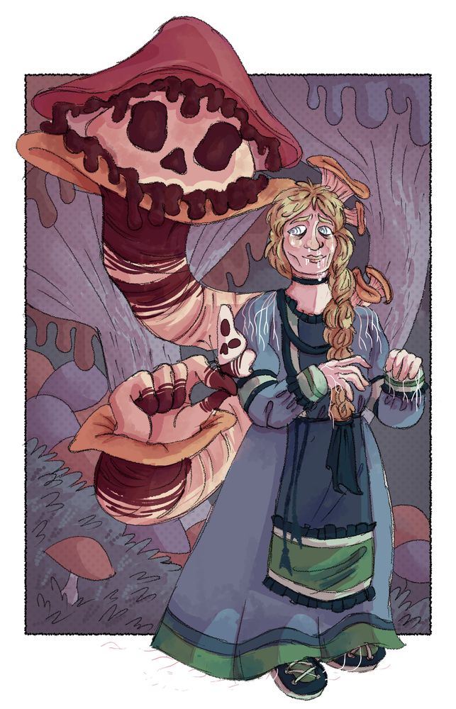 A lady with a blue dress, and mushrooms growing out of her back. She has a big mushroom with a face and a hand, and the hand has a little butterfly resting on it