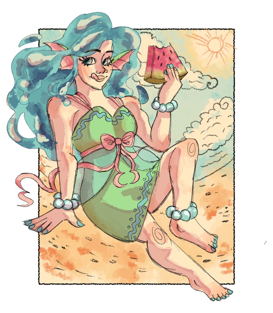 A girl at the beach eating a watermelon slice. her hair is made of water