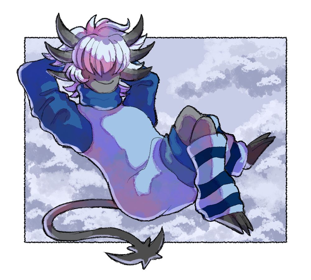 A character with grey skin, 3 horns on each side of their head, and a blue sweater, relaxing

