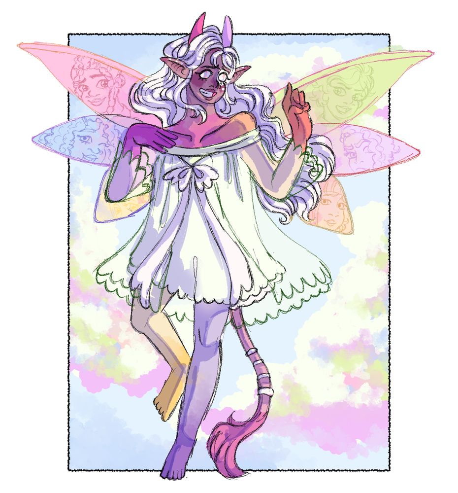 A fairy girl with 6 pairs of wings, each a different colour of the rainbow. Each of the colour guardians are reflected in her wings