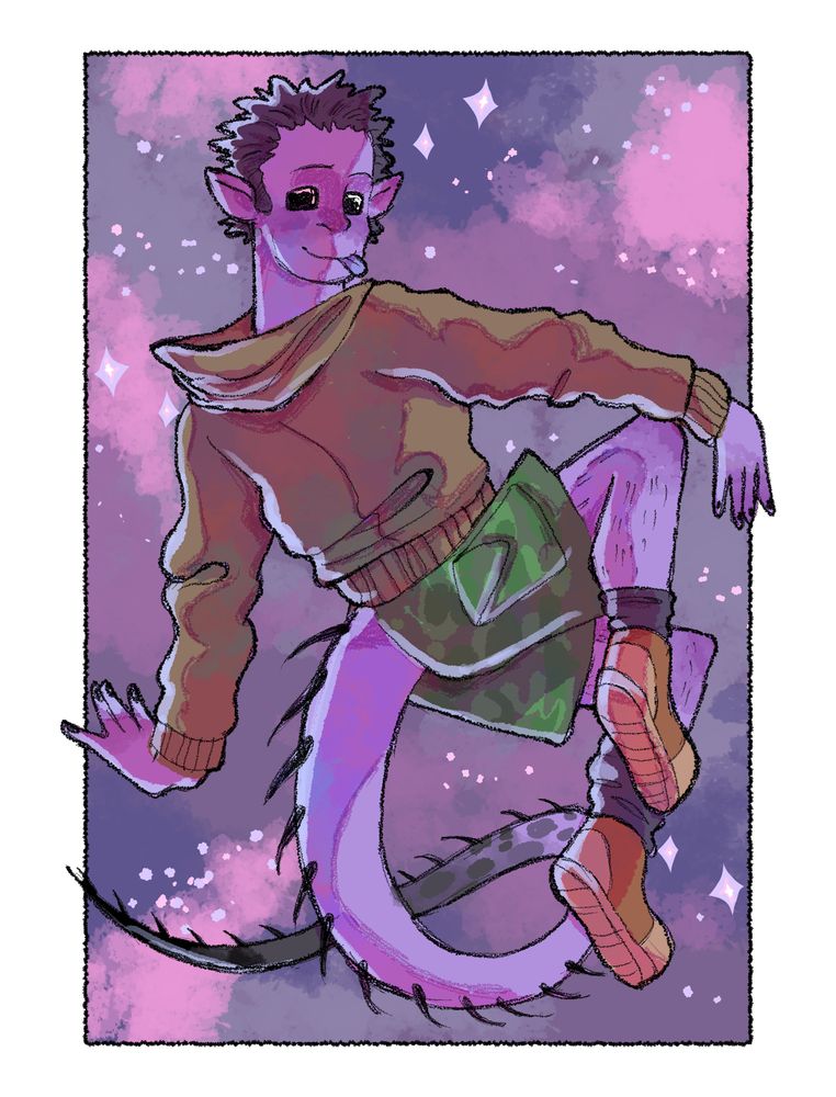A purple alien character with a brown sweater and a long tail, floating in space