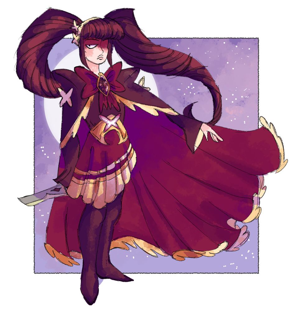 A girl in a maroon outfit with a long flowing cape and a knife