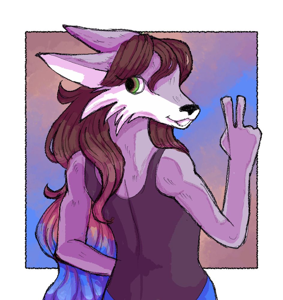A furry wolf girl with hair that gradients into blue
