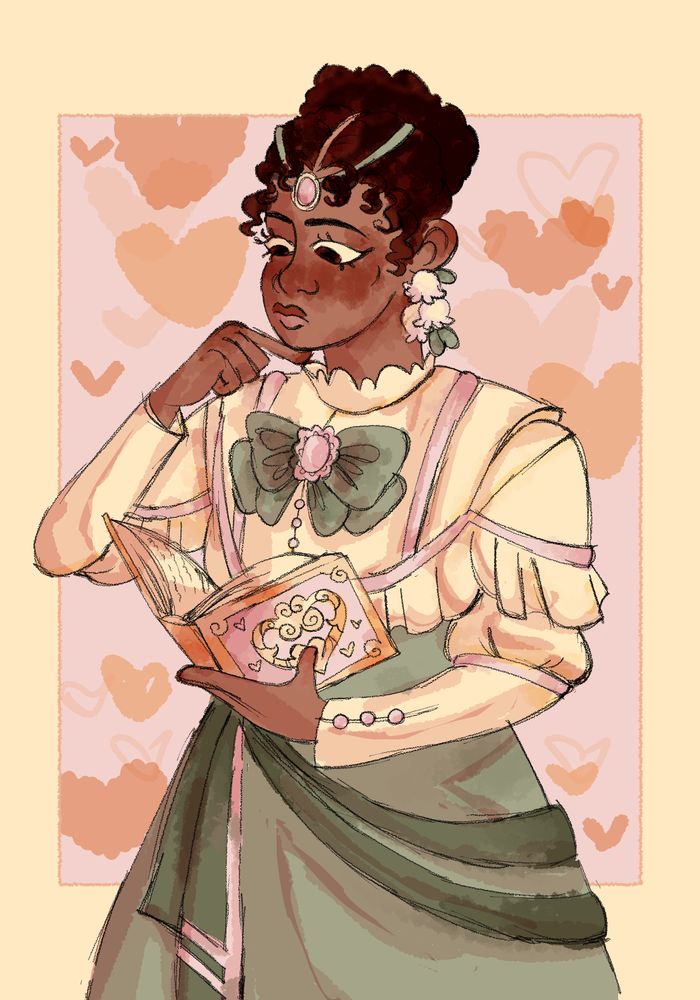A lady with a green dress and a very serious expression. She's reading a slowburn romance