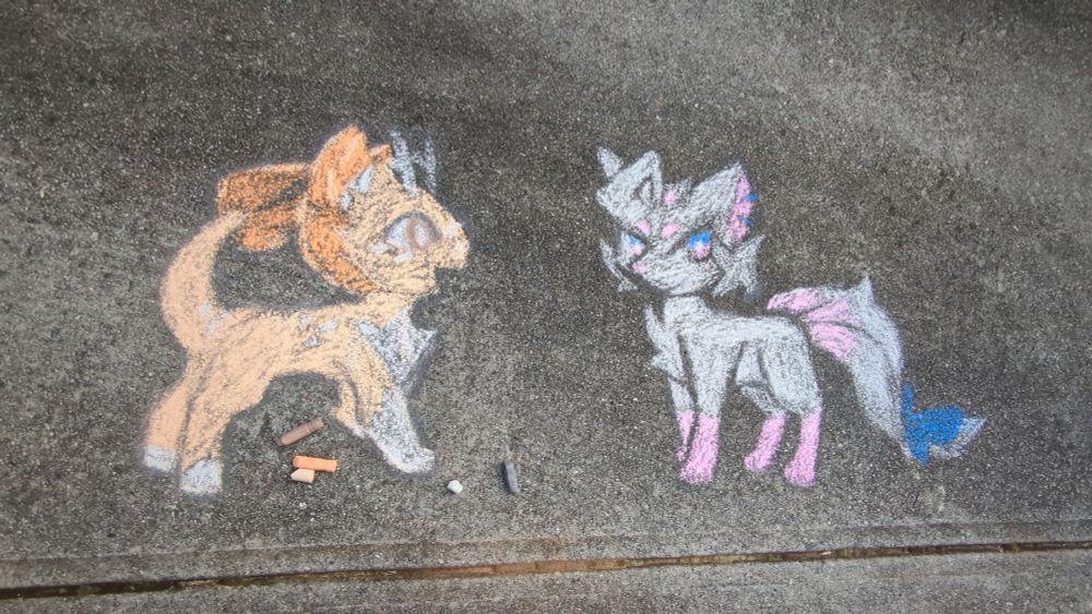 A chalk drawing of Dandi and Rune from Wooled's webcomics, "Nothing Gold can Stay" and "On Borrowed Time" respectively
