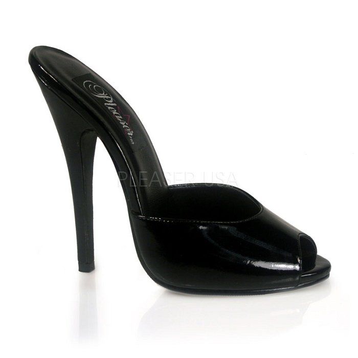 An image of a pair of Pleaser 6" high heel mules in black patent 