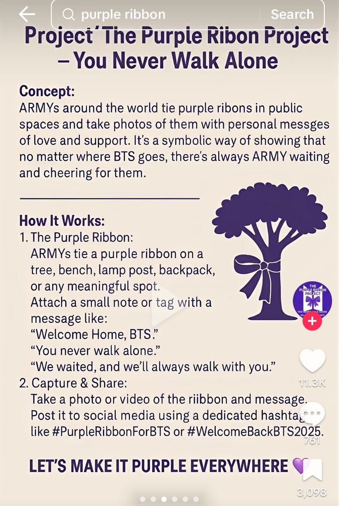 Poster showing a tree tied with a purple ribbon, with details on the Purple Ribbon for BTS project for BTS' Homecoming.