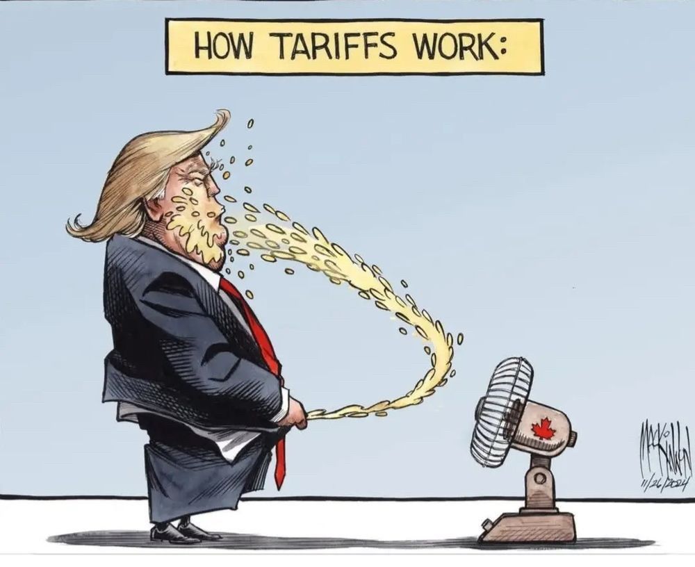 How tariffs work. Political cartoon of Trump peeing onto a fan with a red maple leaf and the air blowing the stream of urine back into his own face.