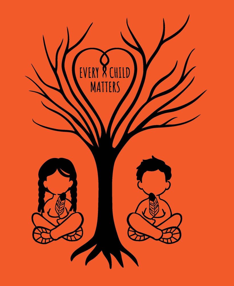 This design was created for Orange Shirt Day by Sloane Cameron, a Grade 6 student from Innisfail, Alberta. Her design showcases a tree, a heart, and children. The tree to represent nature and the heart to symbolize that every child matters and is equally important. The children in the design are holding feathers as an Indigenous representation; however, she drew them without faces so that they have no expression and can represent any child.