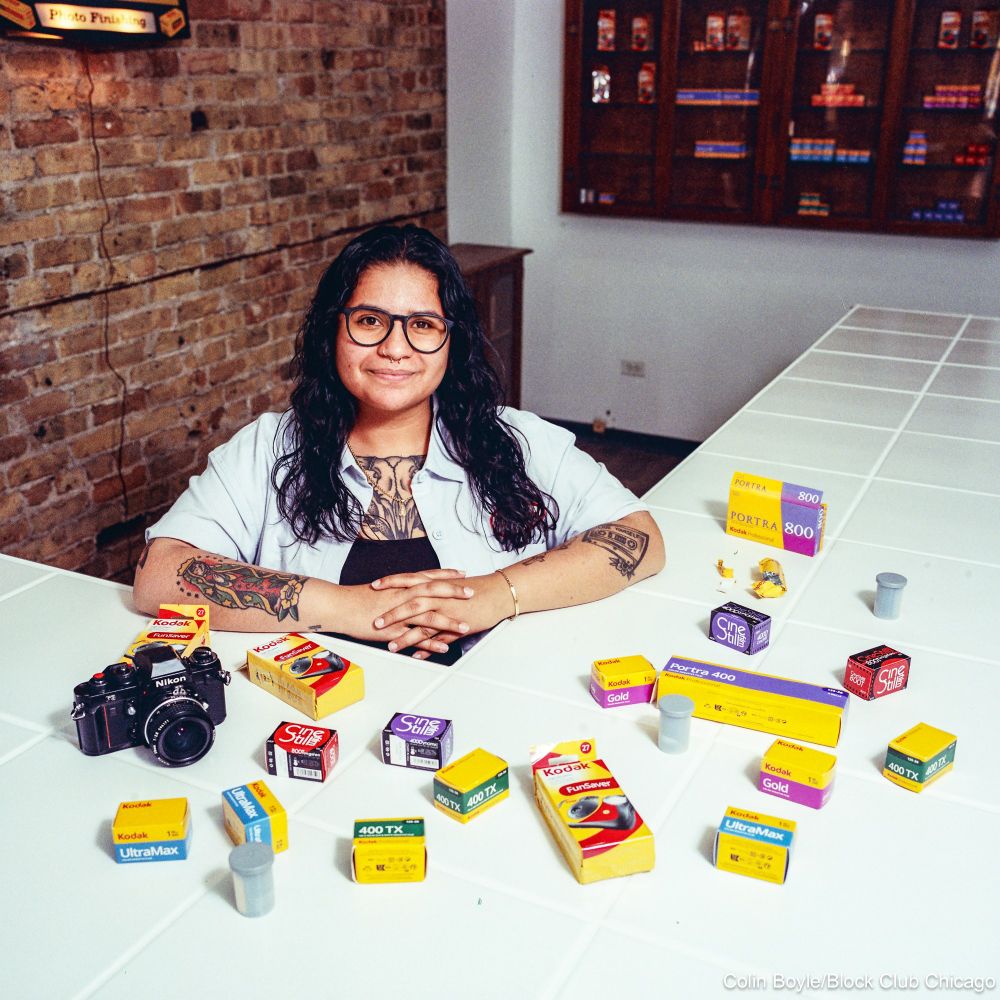 Sophie Gomez, founder, poses for a portrait at Constant Agitation Film Lab, 3501 W. Armitage Ave., on June 23, 2025 ahead of their opening in Logan Square. The photo was made on Portra 800 film with a medium format film camera. Credit: Colin Boyle/Block Club Chicago
