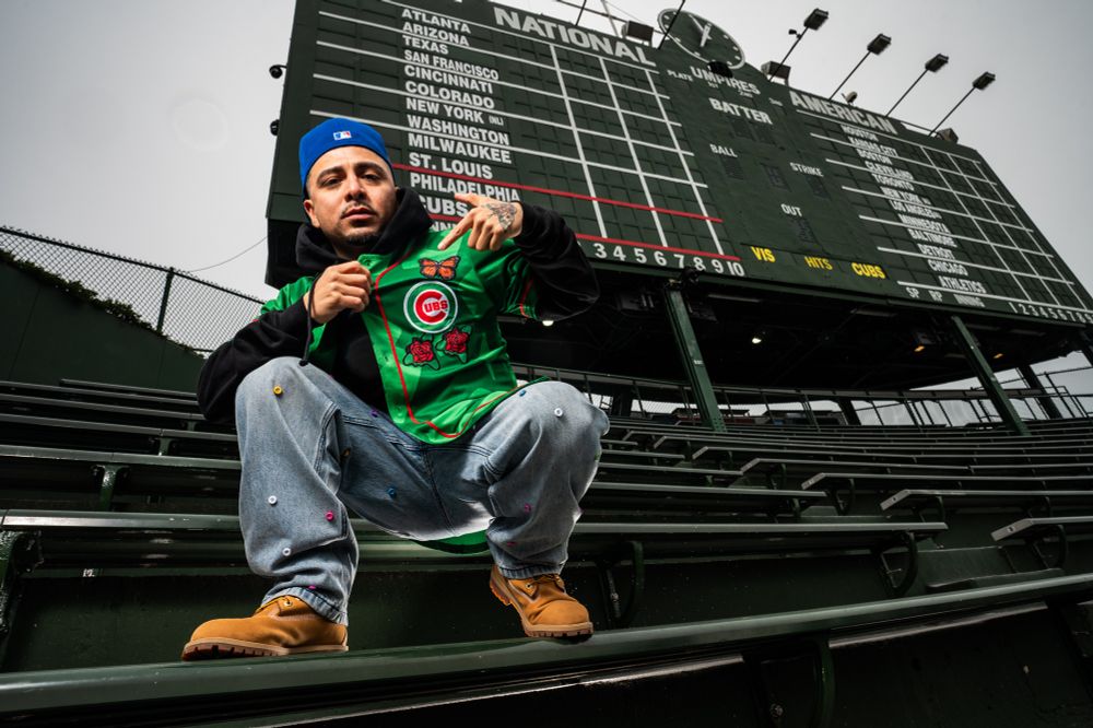 Artist Sentrock — Joseph Anthony Perez — dons the Mexican Heritage jersey that he designed at Wrigley Field on May 2, 2025. Credit: Colin Boyle/Block Club Chicago
