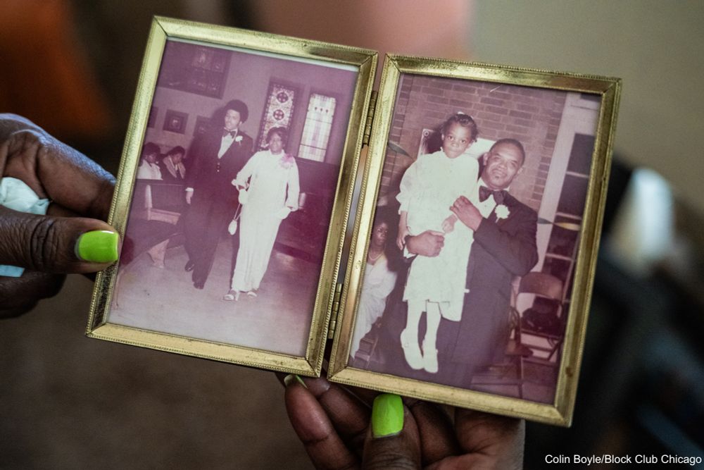 Delores Campbell shows family photos in her home in the Austin neighborhood on June 23, 2025. Credit: Colin Boyle/Block Club Chicago