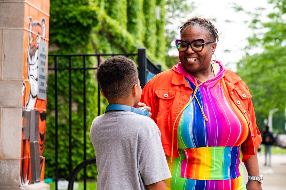 Sylvelia Pittman, a 20-year teacher, speaks to her grandson Cahari at Nash Elementary School, 4837 W. Erie St., in Austin on June 3, 2025. Credit: Colin Boyle/Block Club Chicago
