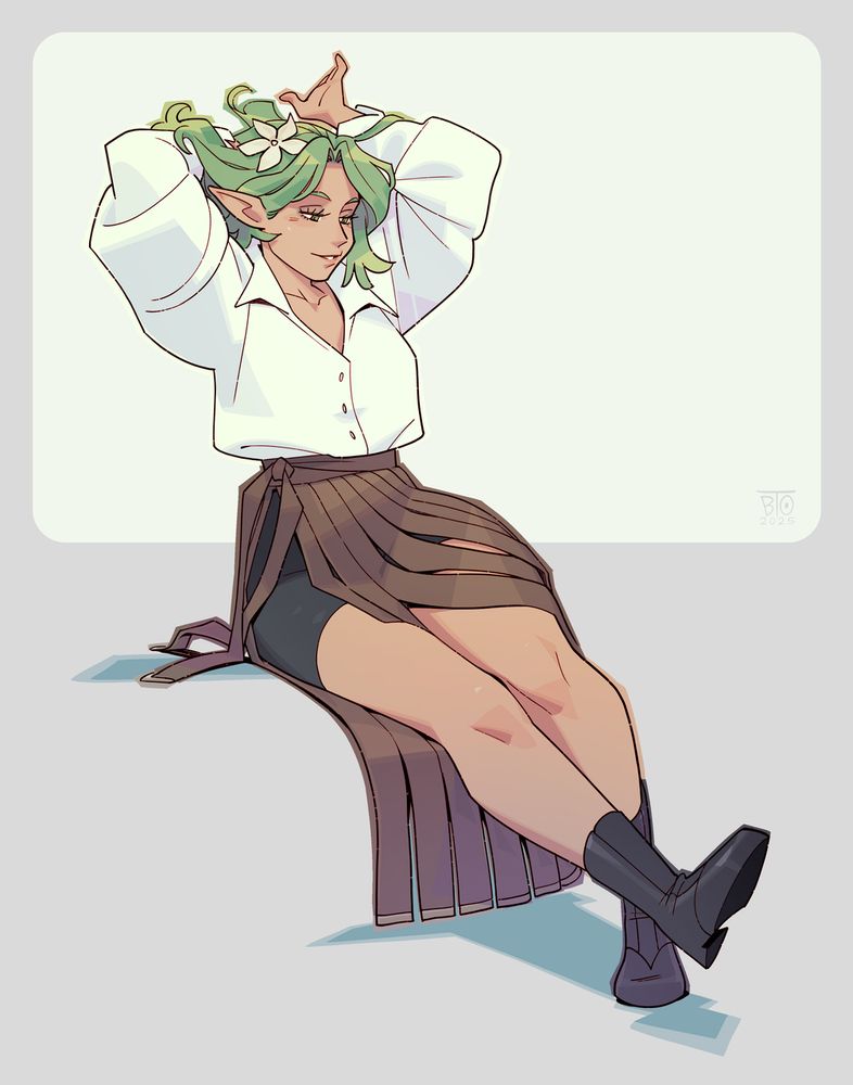 An elf woman is reclining and fixing up her green hair. She is wearing a poofy button shirt and long leather armor skirt.