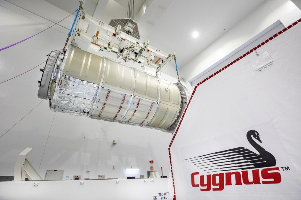 The Mission B Cygnus pressure vessel is suspended by a crane in the Space Systems Processing Facility. The top of the transport crate can be seen next to the pressure vessel with the Cygnus logo visible.