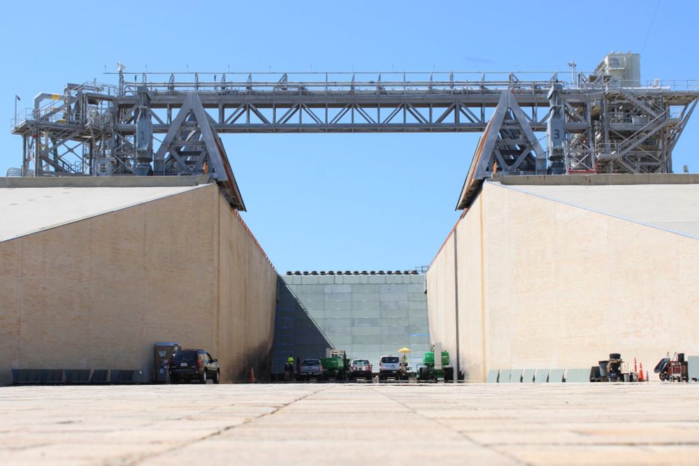 A view looking down the LC-39B Flame Trench, showing the upgraded deflector in the middle.