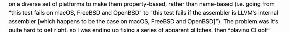 “this test fails on macOS, FreeBSD and OpenBSD” to “this test fails if the assembler is LLVM’s internal assembler [which happens to be the case on macOS, FreeBSD and OpenBSD]”