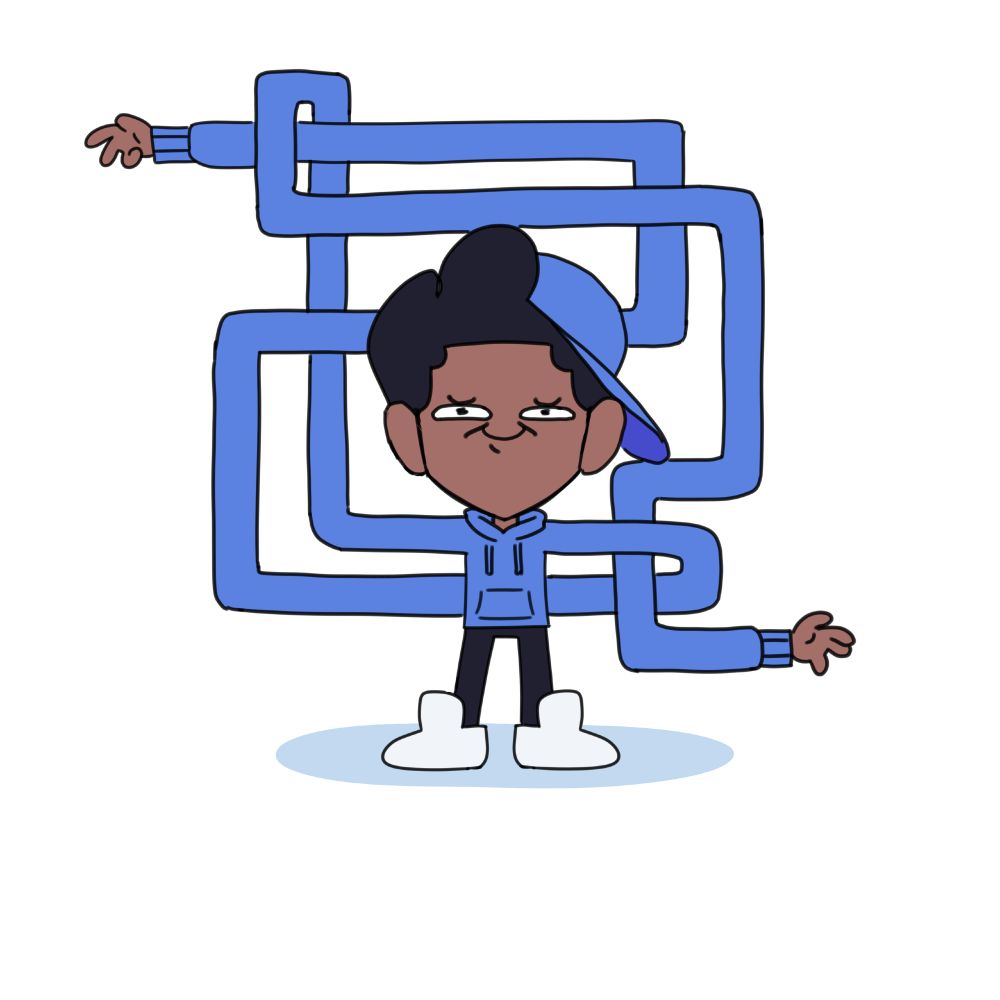 Cool dude wearing a cool blue hat and a cool blue hoodie gosh he's so cool and those arms wow they twist around his head in a complex rectangular configuration gosh would you look at that oh wow so amazing gosh so cool