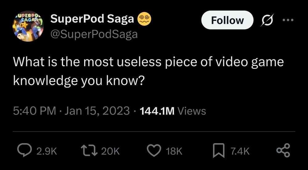 2023 tweet screencap: the person asks "what is the most useless piece of video game knowledge you know?"