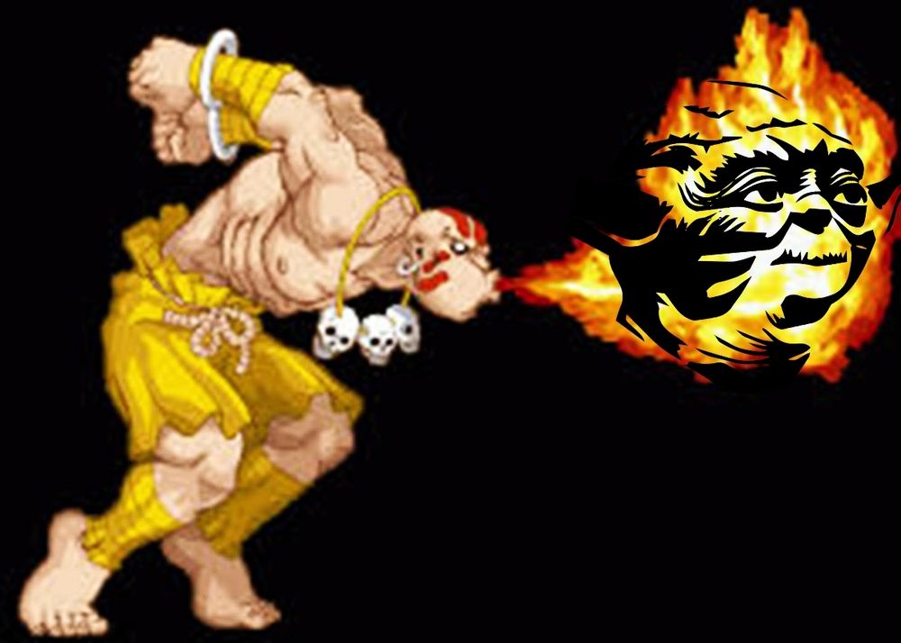 personagem dhalsim de street fighter cuspindo numa labareda de fogo sobre a qual está o rosto do mestre yoda de star wars