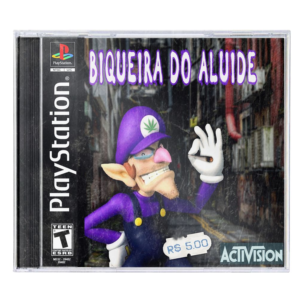 capa fictícia de jogo de PlayStation com Waluigi segurando um baseado em uma viela. ele usa boné com folha de maconha e há etiqueta de preço de R$5,00 e logo da Activision.