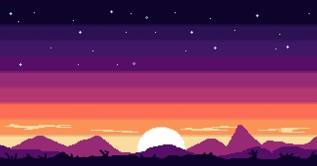 imagem em pixel art de um pôr-do-sol sobre um deserto e montanhas ao fundo