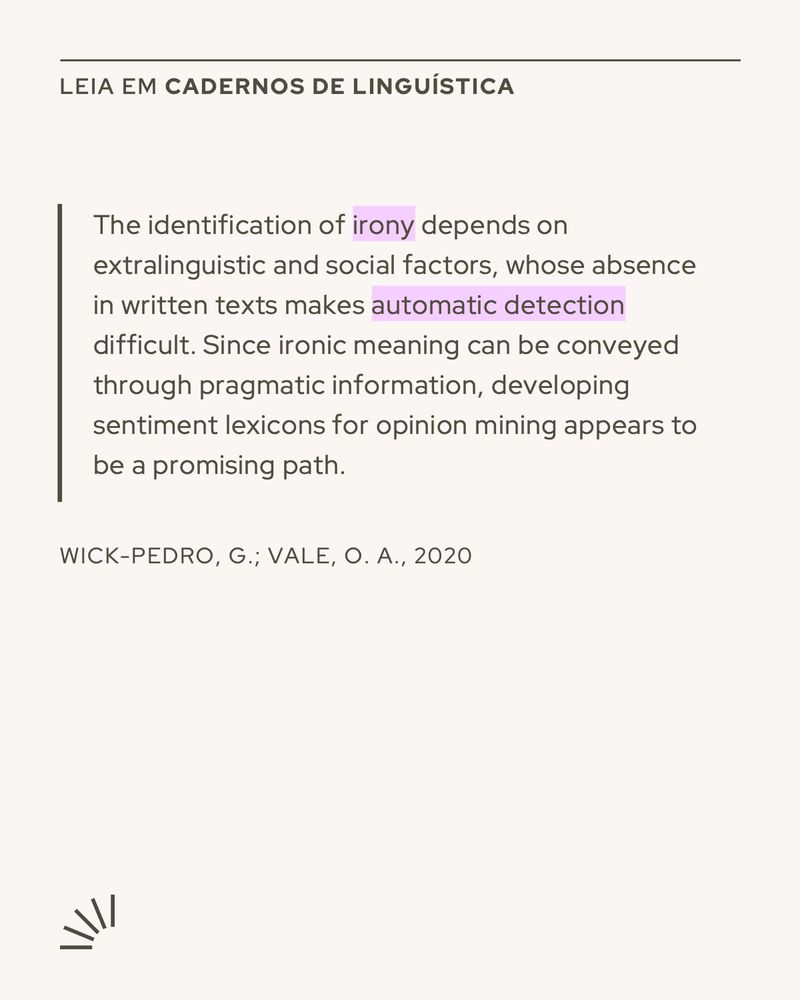 A beige-toned social media card features a quote in English from an academic article, framed by a vertical black line on the left. At the top, it reads “LEIA EM CADERNOS DE LINGUÍSTICA” in uppercase black letters. The main text says:

“The identification of irony depends on extralinguistic and social factors, whose absence in written texts makes automatic detection difficult. Since ironic meaning can be conveyed through pragmatic information, developing sentiment lexicons for opinion mining appears to be a promising path.”
The words irony and automatic detection are highlighted in lavender. Below the quote, the citation appears in small capital letters:
WICK-PEDRO, G.; VALE, O. A., 2020

In the bottom left corner, there's a small minimalist sunburst-style icon made of short black lines, symbolizing publication or insight.