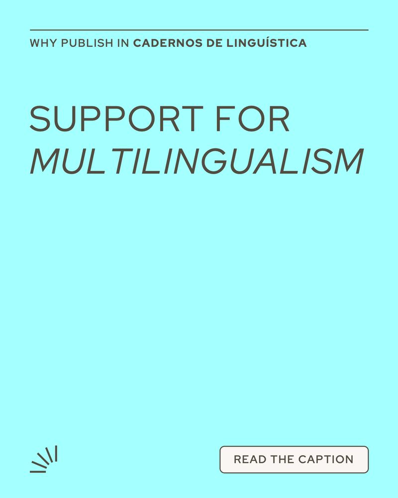 A square social media card with a clean blue background. Centered is the logo of Cadernos de Linguística in white, using a geometric, modern font. Below the logo, the journal’s website “cadernos.abralin.org” appears in smaller white text. The design is minimalist, emphasizing clarity and readability.