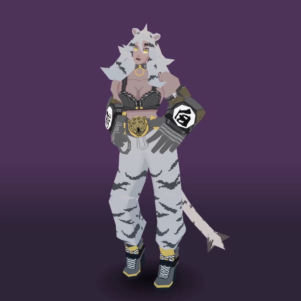 A render of a model of Lin Xiao (White Tiger) from mobile game Dislyte
She has her hands on her hips and is posing on a violet background
