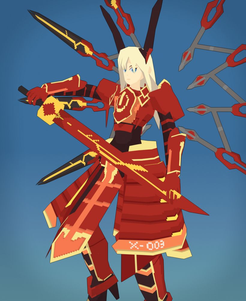 A render of a low poly model of Sky Striker Ace - Kagari from children's card game Yu-Gi-Oh !
She is flying up in the sky and is holding her sword