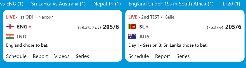 Cricinfo screenshot showing two live matches where the score was 205/6 at the same time