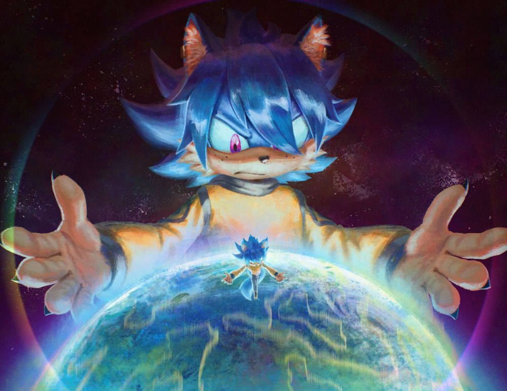 A wolf sonic fancharacter with arms out almost like as if the world is at their grasp