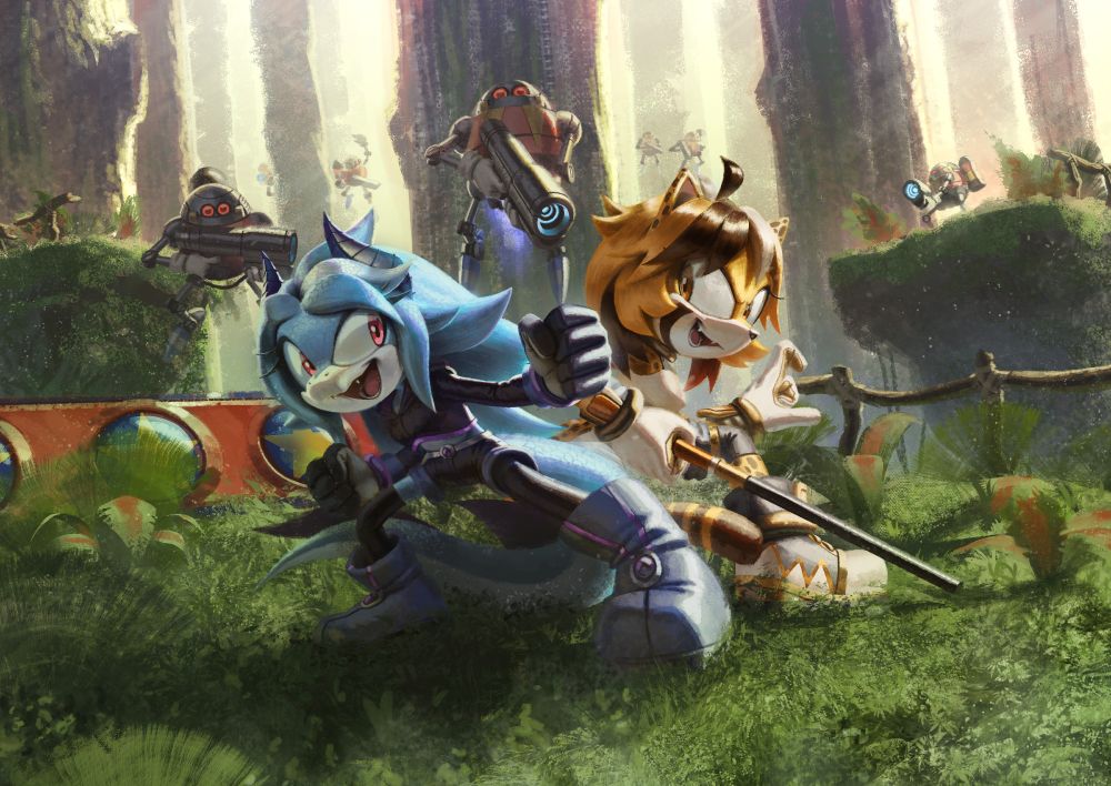 🎨 For @/Mysteria619 on twitter. The image is about a blue mobian Dragon OC named Coral and a yellow mobian Cheetah named Pepper standing at each others backs preparing to fight off a group of Eggrobo's on Green Forest